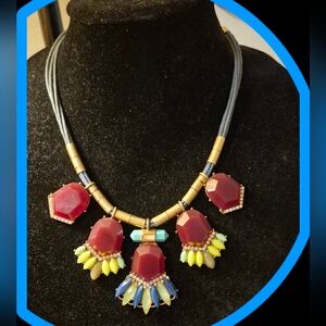 J.Crew Burgandy/Blue Bib Style Statement Necklace Marquise Cut Acrylic Stones